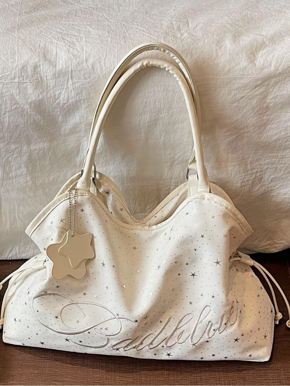 White Star-Print Tote Bag with Charm